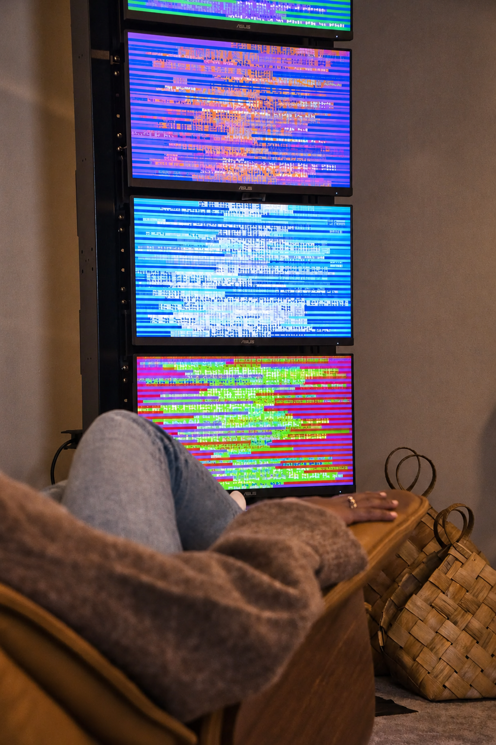 Client resting in a recliner facing glowing EESystem frequency screens